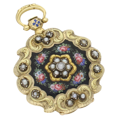 18ct yellow gold, enamel and pearl set fob watch with scalloped edge. Circa 1840