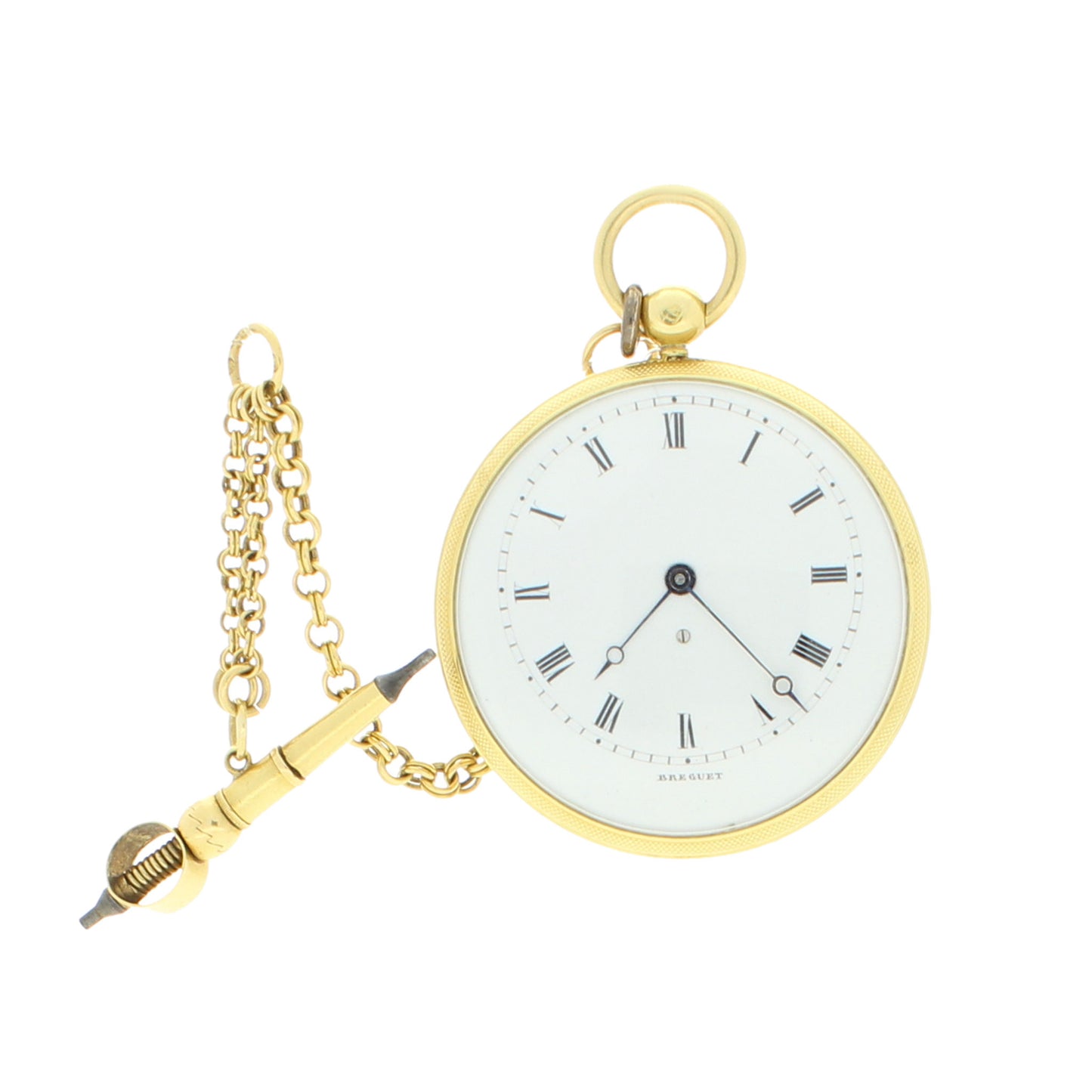 18ct yellow gold miniature open face pocket watch with chain. Made 1840’s