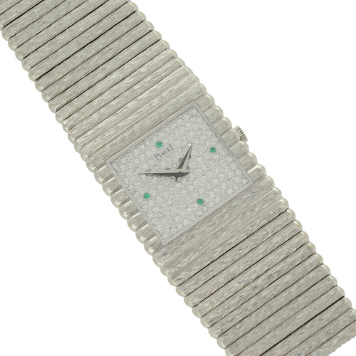 18ct white gold ' square cased', ''Emperador'' with diamond set dial bracelet watch. Made 1970's