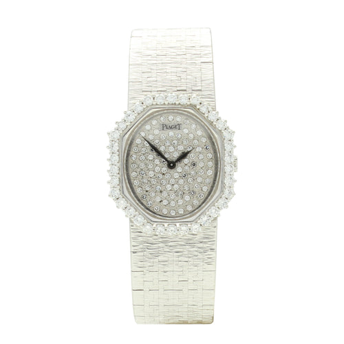 18ct white gold and diamond set 'octagonal cased' bracelet watch. Made 1970s