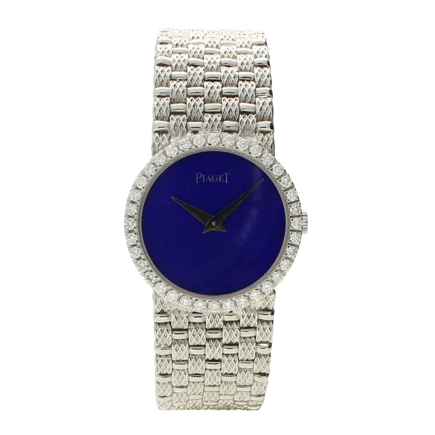 18ct white gold and diamond set bracelet watch with lapis lazuli dial. Made 1970's