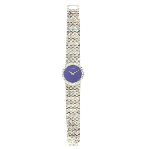 18ct white gold and diamond set bracelet watch with lapis lazuli dial. Made 1970's