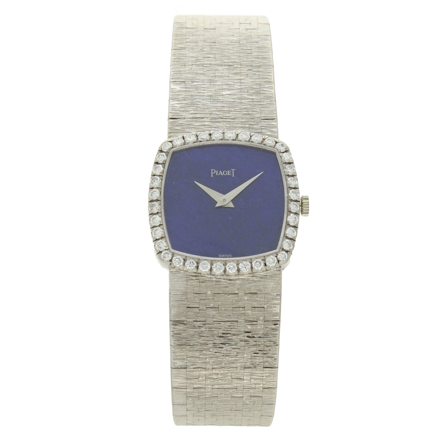 18ct white gold 'cushion cased' with lapis lazuli dial and diamond set bezel bracelet watch. Made 1970's