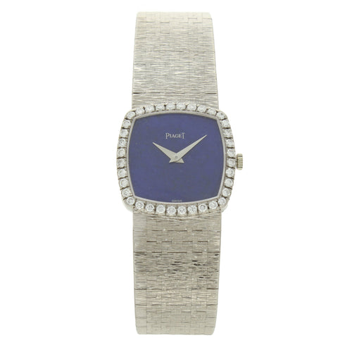 18ct white gold 'cushion cased' with lapis lazuli dial and diamond set bezel bracelet watch. Made 1970's
