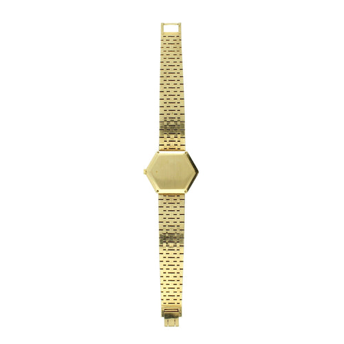 18ct yellow gold 'hexagonal cased' bracelet watch with pavé diamond set dial and opal set bezel. Made 1970's