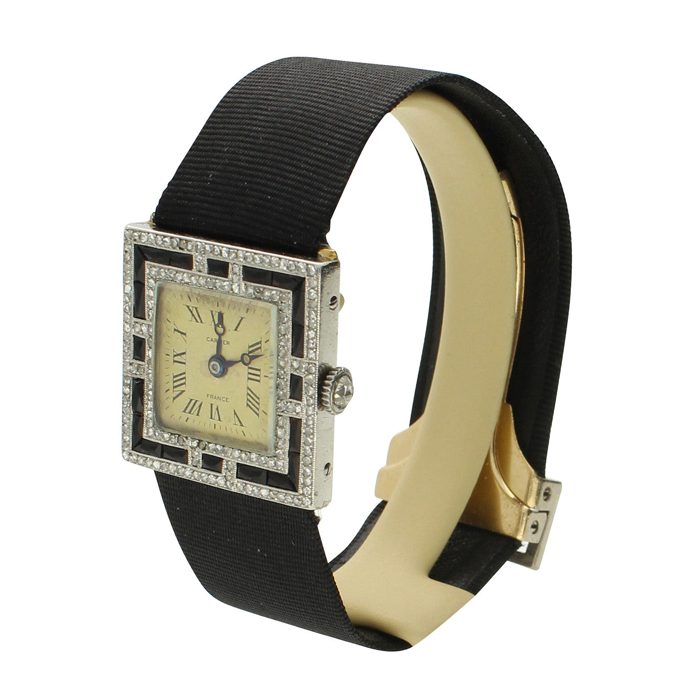 Platinum Cartier, onyx and diamond set cocktail watch. Circa 1920