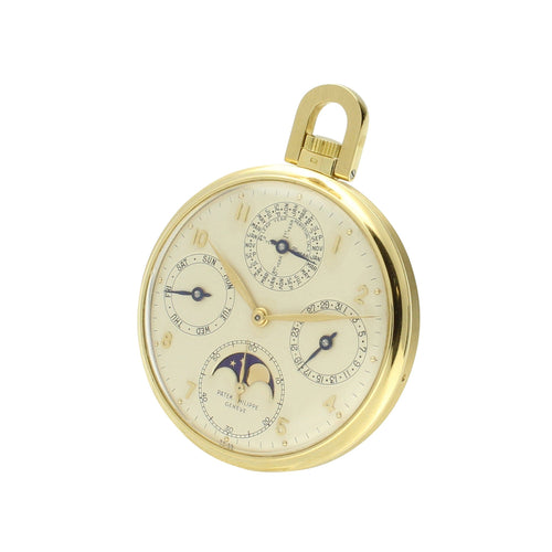 18ct yellow gold, reference 725 open face Perpetual Calender pocketwatch with Moon Phases. Made 1949