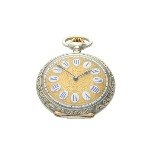 Silver 'St George slaying the dragon' open face pocket watch. Made 1893