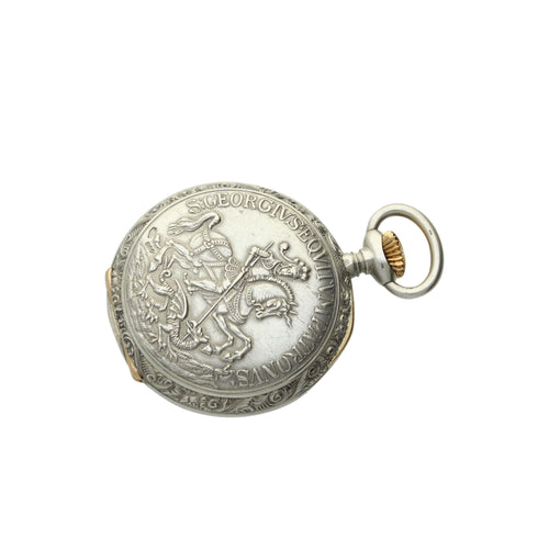 Silver 'St George slaying the dragon' open face pocket watch. Made 1893