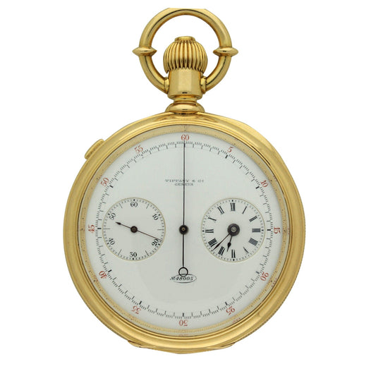 18ct yellow gold open faced split second chronograph pocket watch, retailed by Tiffany & co. Made 1878