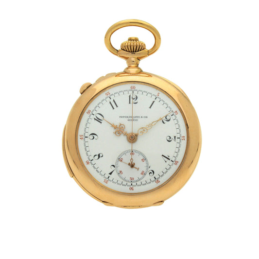 18ct rose gold open face minute repeating chronograph pocket watch. Made 1900