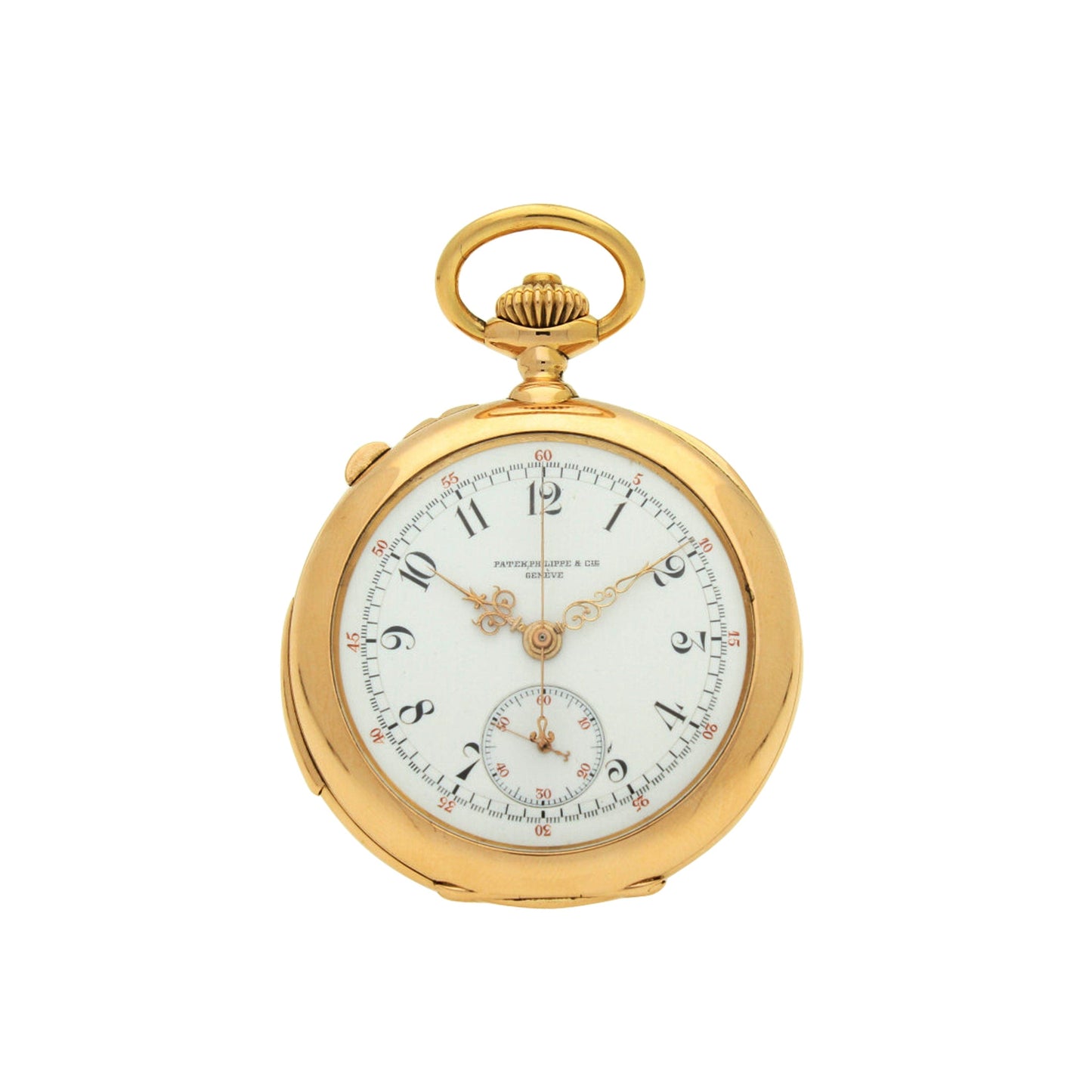 18ct rose gold Patek Philippe open face minute repeating chronograph pocket watch. Made 1900