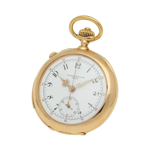 18ct rose gold Patek Philippe open face minute repeating chronograph pocket watch. Made 1900