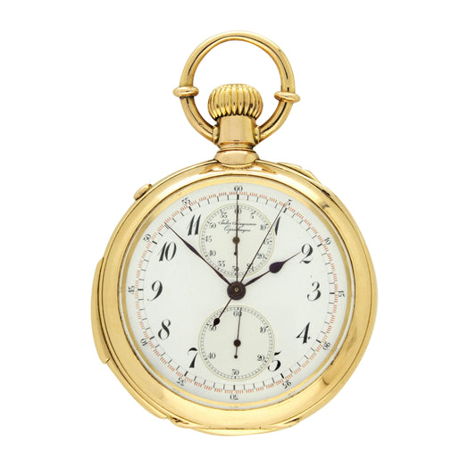 18ct yellow gold minute repeating split seconds chronograph open face pocket watch. Made 1890