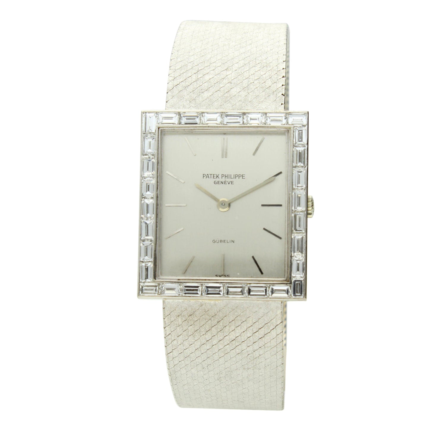 18ct white gold square cased wristwatch with diamond set bezel. Made 1970's