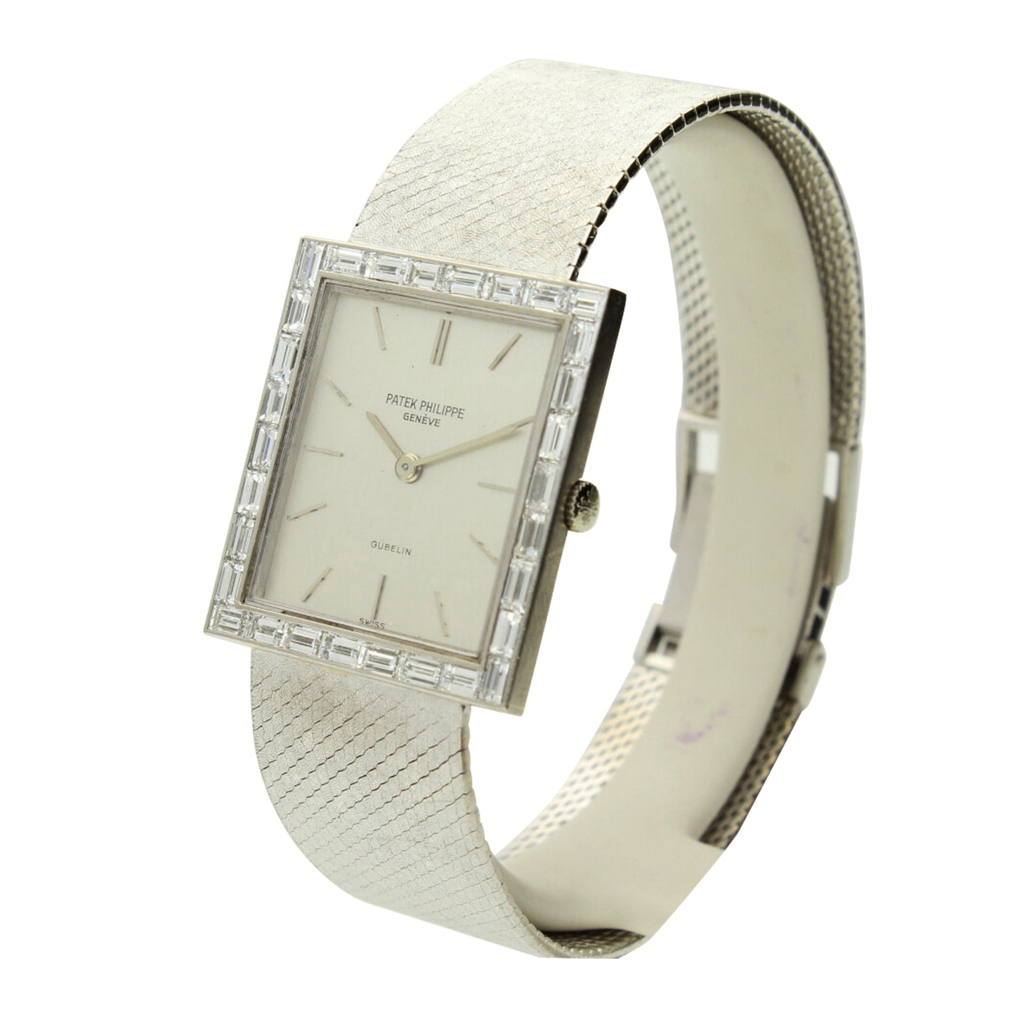 18ct white gold square cased wristwatch with diamond set bezel. Made 1970's