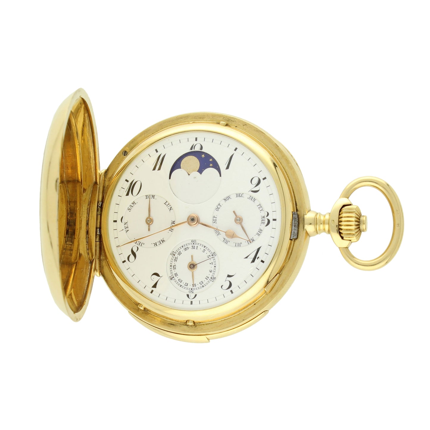 18ct yellow gold hunter case minute repeating, triple date calendar pocket watch with moonphases. Made 1916